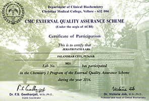 Certificate of Participation in Cmc Eternal Quality Assurance Scheme -  Get Accurate Allergy and Other Test Results at Diagnosis Allergy Testing  Centre Jerath Path Labs 